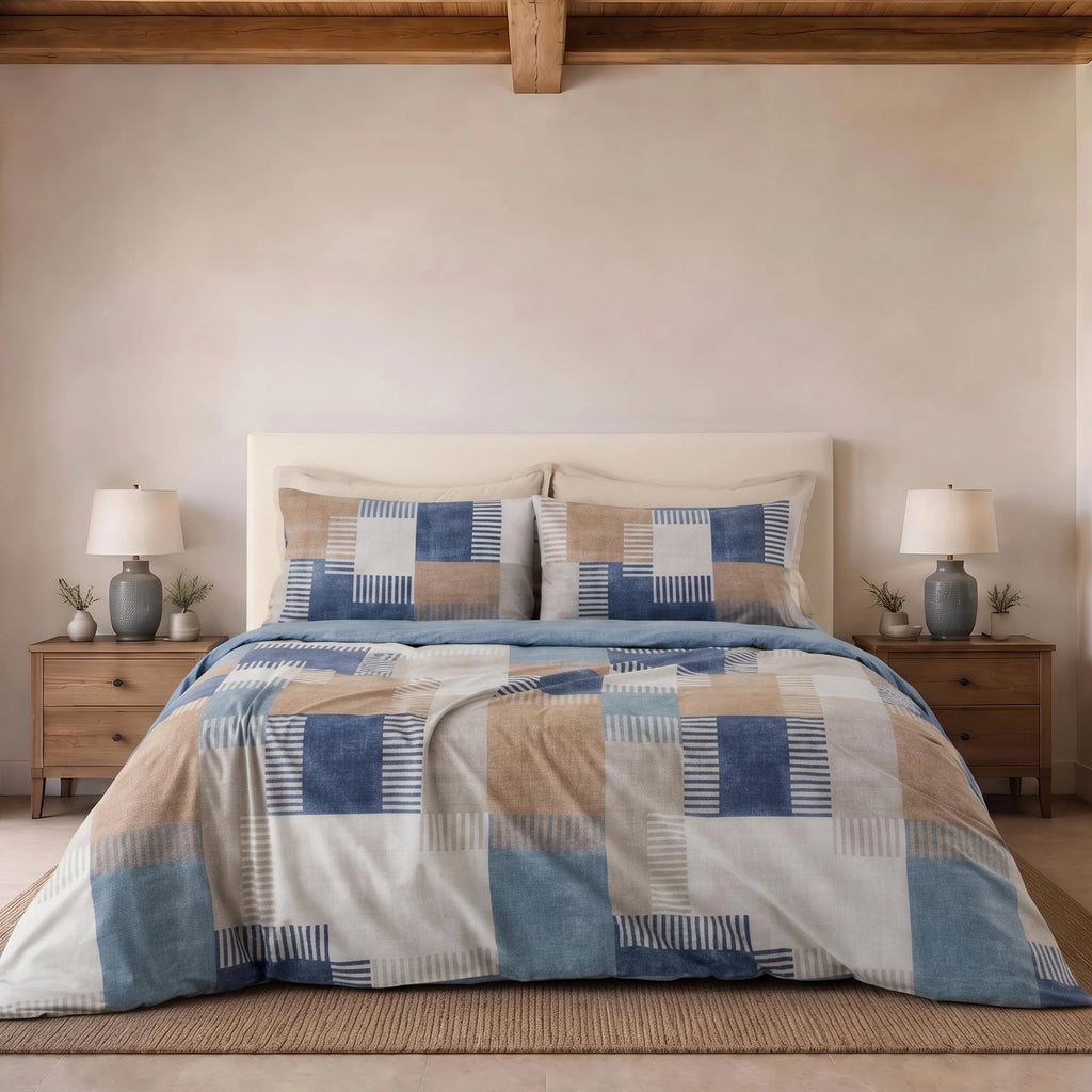 Parure copripiumino in cotone fantasia geometrica patchwork PARKER blu