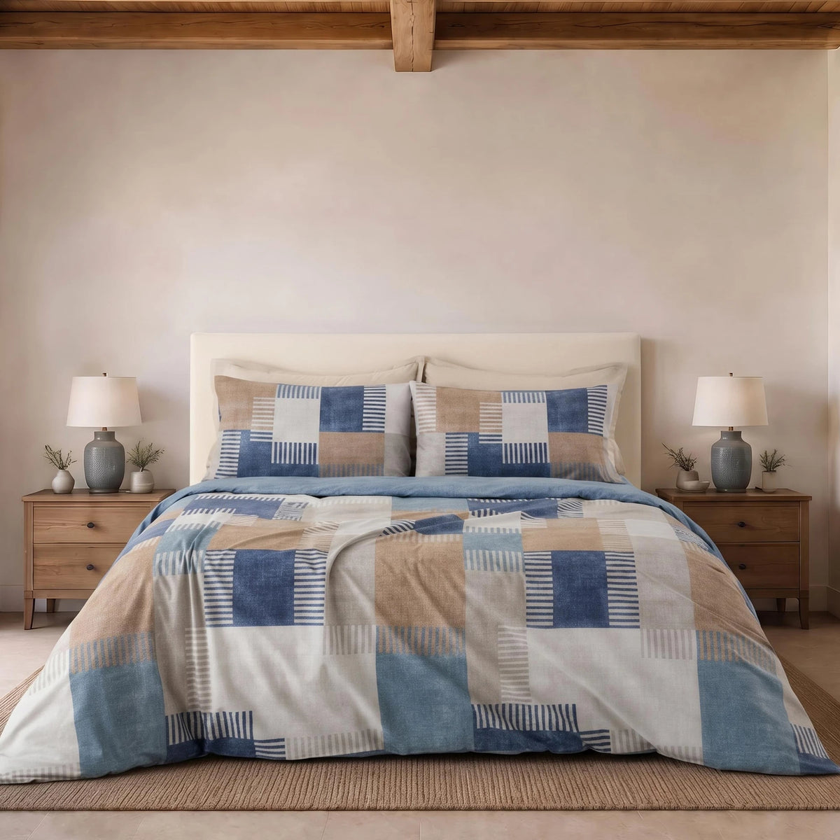 Parure copripiumino in cotone fantasia geometrica patchwork PARKER blu