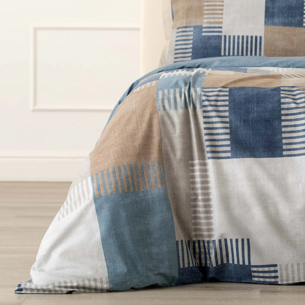 Parure copripiumino in cotone fantasia geometrica patchwork PARKER blu