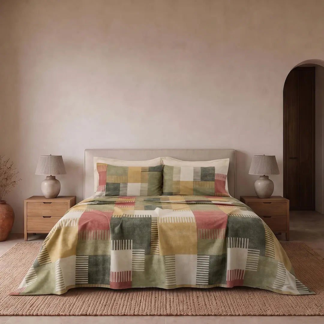 Completo letto in cotone fantasia geometrica patchwork PARKER verde
