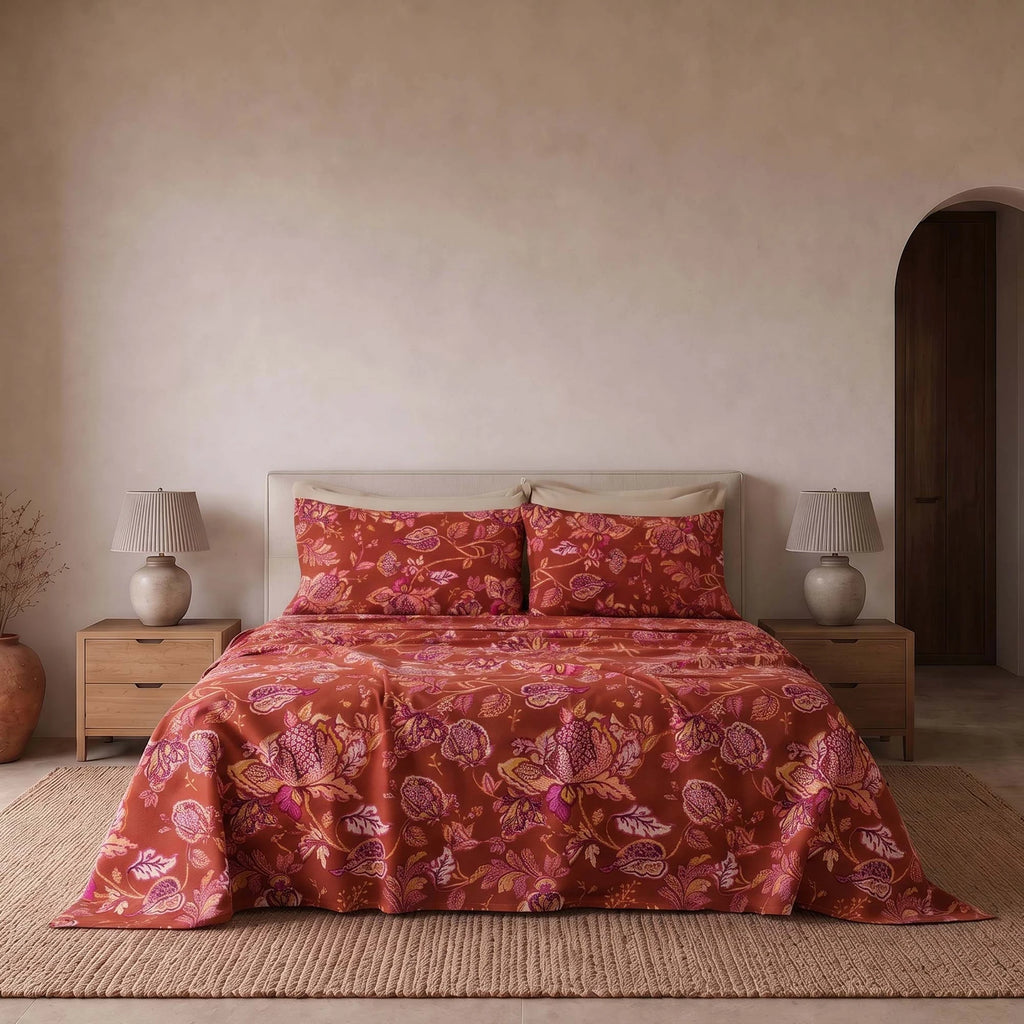 Completo letto 100% cotone fantasia ramage EMBER ruggine
