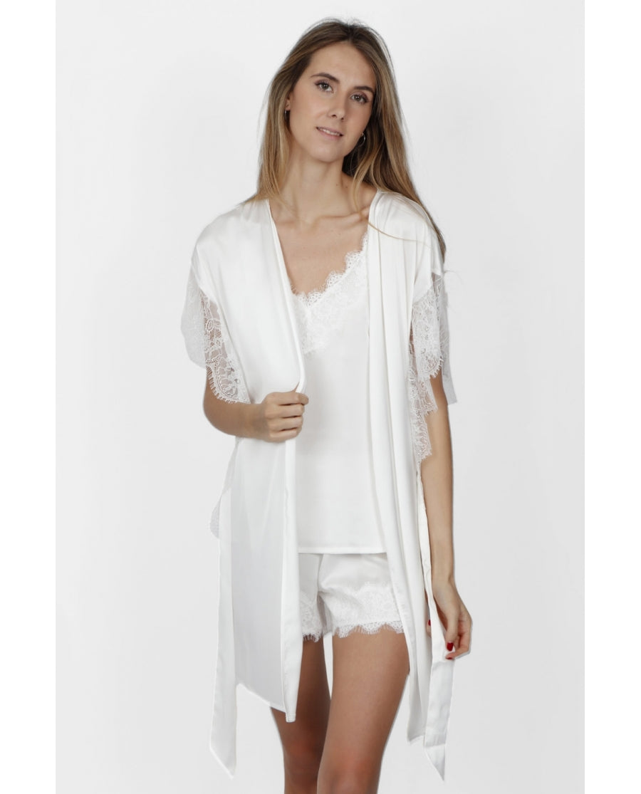 Feoya Vestaglia Da Donna In Raso Con Pizzo – Kimono Leggero Con Cintura, Maniche 3/4, Taglia S (Bianco)