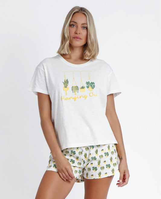 Pigiama pantaloncini giromanica da donna piantine